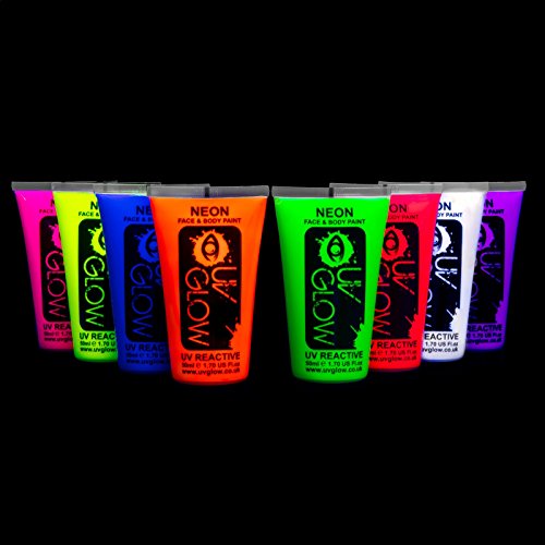 UV Glow Neon Face and Body Paint 50ml - Set of 8 Tubes - Fluorescent