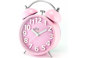 MPM Quality Designerski metalowy budzik w modnych pastelowych kolorach, różowy, cyferblat 3D, kwarcowy mechanizm zegarowy, funkcja światła, analogowy, klasyczny dzwonek, budzi nawet największych