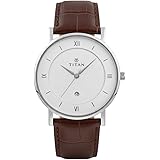 ITAN Mens Watch Classic Analog Watch with White Dial, Leather Strap, Roman Numerals, Date Display: 