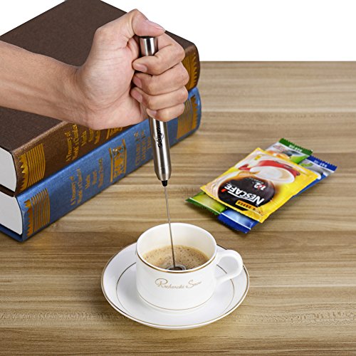 Senyoo Tragbarer Mini Milchaufschäumer Schneebesen, Kaffee, Cappuccino, Creamer, Aufschäumer, Edelstahl Milchaufschäumer – Silber - 2