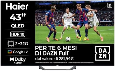 Haier QLED 4K UHD H43S81FUX 43'' Smart TV, Google TV, Dolby Audio, HDR 10, Telecomando Smart, Google Assistant, Bluetooth 5.1, Gaming 120Hz, USB 2.0, DBX TV, HDMI 2.1 x 4