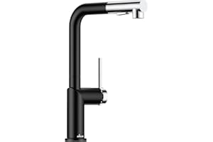 APPASO Kitchen Sink Mixer Tap, Kitchen Taps with Pull Out Spray, 360 ° Swivel Kitchen Taps Mixers with Dual Function Sprayer (L Shape, Black and Chrome)