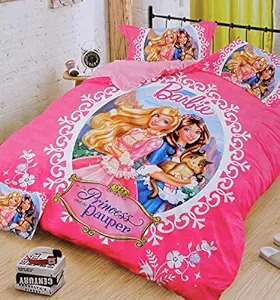 MostlyHomely Cartoon Character Barbie Design for Kids Double Bed Queen Size 90 X 100 inch Queen/King Size Pure Glace Cotton bedsheet Set for Kids with Two Pillow Covers Stylish