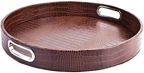 SIGNATURE HOME COLLECTION AP-101-A01-E Round Tray Leather Crocodile Print with Stainless Steel Handles Can be Wiped Height 6 cm 42 x 42 cm Light Brown