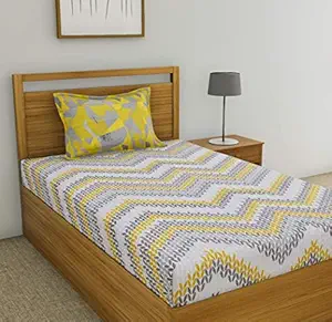 Huesland by Ahmedabad Cotton 144 TC Cotton Single Bedsheet with 1 Pillow Cover - Yellow, Grey