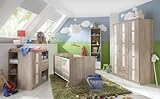Babyzimmer 5-tlg. Eiche-Sägerau-Dekor, Schrank B: 135 cm, Kinderbett 70 x 140 cm, Wickelkommode B: 91 cm, Unterschrank, Hängeregal