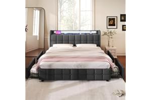 Kayan Polsterbett mit USB Ladefunktion und LED-Kopfteil und 4 Schubladen, Doppelbett 140x200cm Stauraumbetten Jugendbett Bettgestell, Lattenrost aus Holz, Ohne Matratze (140x200cm, Grau)