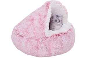 ZvoanSem Calming Round Dog Beds &Cat Cave Bed with Hooded Cover,Plush Fluffy Dog Bed Anti-Anxiety Cat Cave Bed,Waterproof Bottom Washable (Pink, 20x20inch)