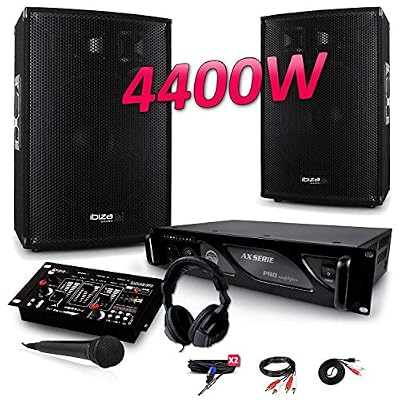 Ibiza sound PACK SONO 4400W DJ PA Set BAR CLUB DISCO15B + Ampli AX2000 MyDj + Table de Mixage USB MP3 + Micro Casque Câbles
