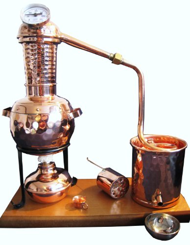 Destille 0,5 Liter Modell "Kalif" mit Aromakorb, Thermometer und Spiritusbrenner (aktuelles Modell; Premiumedition mit Spiritusbrenner, Aromakorb und zusätzlichem Destillatauffangbecher). Ideal für die Herstellung von Schnäpsen, Geisten und ätherischen Ölen (Hydrolate).