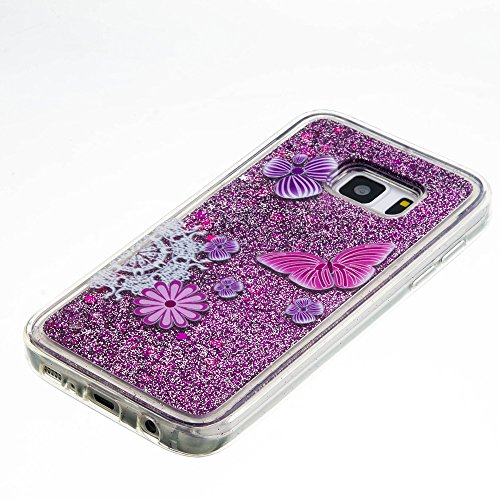 für Samsung Galaxy S7 Hülle,SKYXD Glitzer Flüssig Wasser Kreativ Design Weiche Silikon Gel Gummi [Nicht Hard Case] Brillianter Leichtes Glatt Schutzhülle mit [Handyanhänger + Eingabestifte] Handy Tasche Hülle Etui für Samsung Galaxy S7 Soft Shine Bling Glitter Liquid Water Folie Case Back Cover With Touch Pen Dust Plug – Violett Treibsand Sparkle mit Rosa Schmetterling Muster - 3