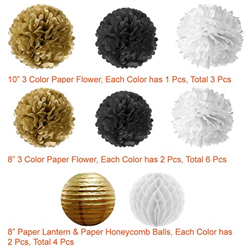 Paxcoo 73 Pcs Black and Gold Tissue Paper Pom Poms Lanterns with Balloons for Birthday Party Decorations