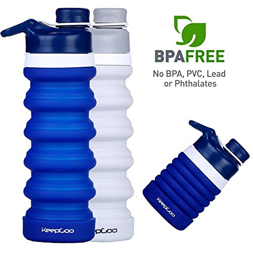 KeepGoo Botella de Agua Plegable Libre de BPA, Botellas de Agua de Grado alimenticio 550ml/20oz A Prueba de Fugas, Botella de Bebida de Viaje de Silicona con Correa de Transporte para Correr Camping