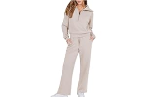 GENERIC Women 2 Piece Outfits Sweatsuit Set 2024 Spring Summer Lapel Collar Half Zip Sweatshirt Wide Leg Sweatpant Lounge Set UK Clearance Ladies Tops Trousers Matching Sets