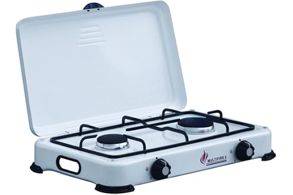 INTEC - Réchaud à Gaz 2 Feux 3200W, Brûleurs en Fonte Amovibles. Plaque de Cuisson Mobile avec Couvercle de Protection. Compatible Gaz Butane/Propane pour Camping et Jardin.