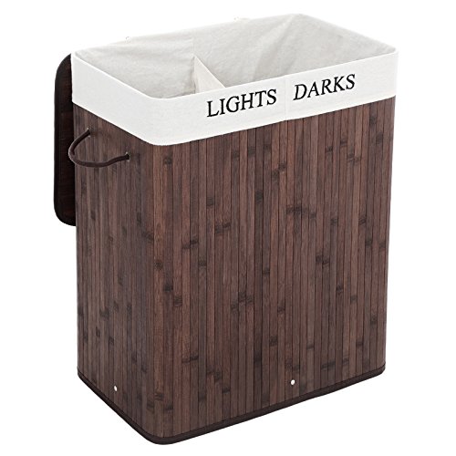 Songmics 100L (62,5 x 52 x 32 cm) Wäschekorb Bambus Faltbar Wäschebox mit 2 Fächern Wäschetonne mit herausnehmbaren Wäschesack Braun LCB64Z - 8