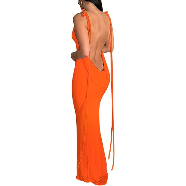 Abito lungo da donna, estivo, formale, in raso, con scollo all'americana, senza maniche, con spacco laterale, fluido, lungo, con paillettes, alla moda, Arancione, S
