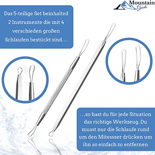 Mitesserentferner | Nummer eins aus dem Testbericht | Das Original von MountaingGoods | 5-teiliges Mitesser,- Pickelentferner Set | E-Book: 7 Tipps für eine gesunde und schöne Haut | Komplettes Profi Set aus 5 verschiedenen Instrumenten | Mitesserentferner – Komedonenquetscher | Behandlung fÙr Pickel, Mitesser und Pusteln | FÙr unreine Haut | Speziell geformte Werkzeuge | Mit Anleitung in Form eines eBooks fÙr die richtige Anwendung | Qualitativ hochwertige Instrumente mit edler Ledertasche - 3