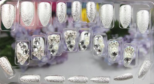 GGSELL LIQI High quality handmade bridal false nails Pre-glued nails New design Nail Art 24pcs false nail The white flash diamond crystal and flash diamond bow fake fingernails nail patch