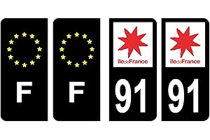 HADEXIA Lot 4 Autocollants plaque immatriculation département 91 Essonne Région Ile-de-France Noir Couleur & F France Europe