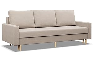 ‎MEBLIGO Mebligo - Sofa mit Schlaffunktion und Bettkasten Blank, 3 Sitzer Sofa 212 cm Breit, Schlafsofa, Ausziehbares Couch auf Holzfüßen, Sofa Wohnzimmer, Schlafcouch - Sofa Beige