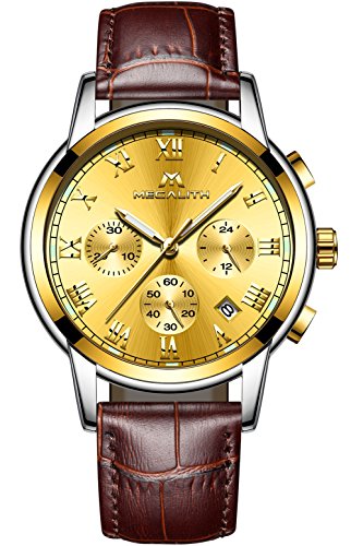 Herren Uhren Lederarmband Männer Chronograph Mode Wasserdicht Sport Datum Kalender Analog Quarz Uhr Geschäfts Beiläufig Kleid Armbanduhr mit Römische Ziffern Zifferblatt (Gold)