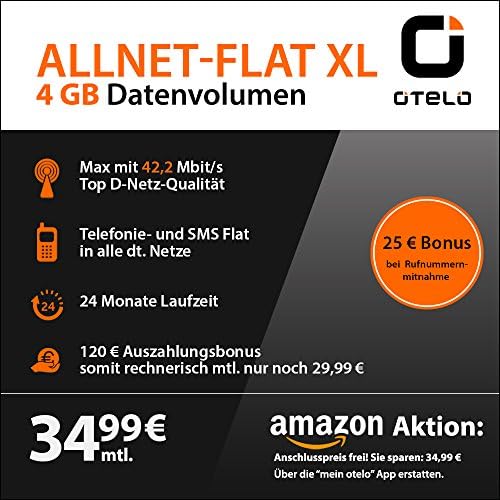 otelo Allnet XL + Data Turbo Sim Only Triple Sim Card/SIM, Micro SIM and Nano SIM, 24 Months, 4GB Internet Phone with Maximum 42.2 Mbps, Flat, 34,99 Euro
