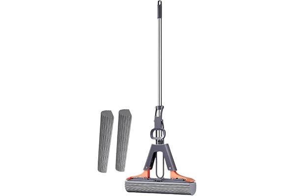 Balai éponge Absorbant, Balai Lave Sol avec 2 éponge PVA absorbante et Réutilisables, Serpillière éponge avec Manche télescopique 110cm, Vadrouille éponge pour Nettoyage de Sol