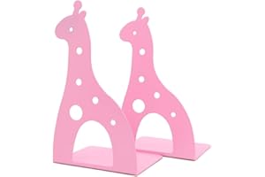 LAMURE Cute Cartoon Giraffe Shape Nonskid Metal Bookends Book End Books Holder Desk Organizer for Kids Gift Home Office Decoration (Pink)