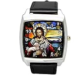 Taport® Quarzuhr mit Jesus Christus, quadratisch, schwarzes Lederband, inklusive Ersatzakku und Geschenkbeutel