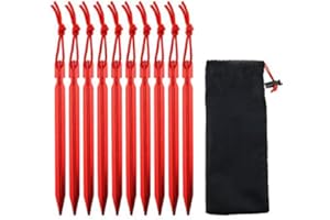 EMMEXX Dawa - Lot de 10 piquets en alliage d'aluminium de 17,8 cm avec corde et 1 sac Oxford - Pour camping en plein air, voyage, construction de tente , Red