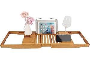 BUTUN Plateau Baignoire, Pont de Baignoire en Bambou Extensible 70-105cm, Planche Bain Baignoire avec Support pour iPad/Téléphone et Autres Accessoires (Naturel)