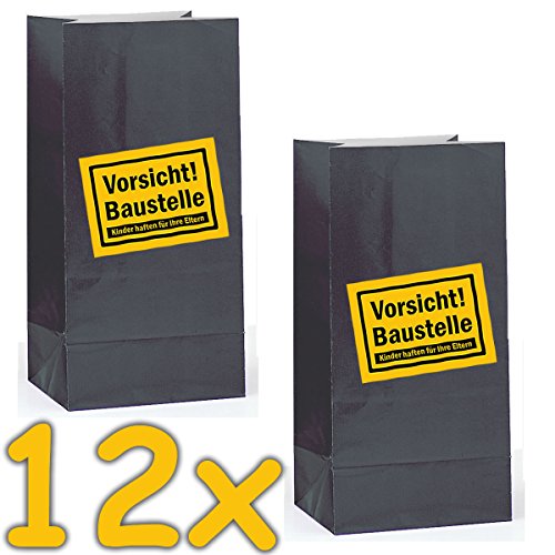 12 Partytüten * VORSICHT BAUSTELLE * aus Papier für Party und Geburtstag // Geschenktüten Mitgebsel Mitgebseltüten Tüten Geburtstagstüten Bauarbeiter
