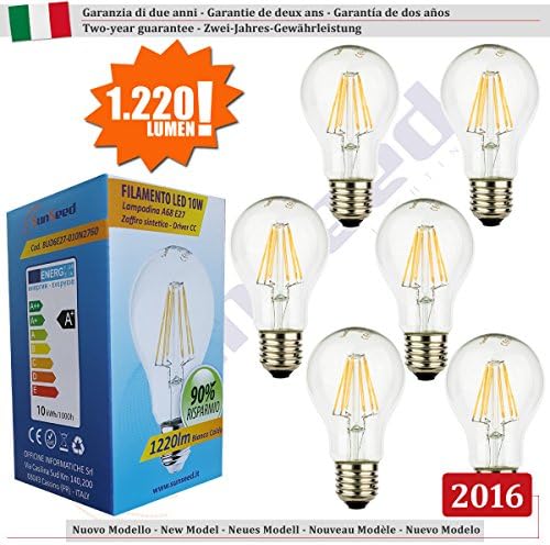 SunSeed, Two-year Guarantee, 6 X E27 10W SAPPHIRE FILAMENT LED GLS LIGHT BULB A68 AC180-240V Warm white 2700K 1220 Lumens 300° Switching Driver CC