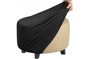 GUNDAN Round Footstool Cover Gray Stretch Ottoman Cover, Fabric Removable Large Stretch Pouffe Cover Anti-Slip Foot Stool Jacquard Slipcovers With Elastic Bottom, Machine Washable