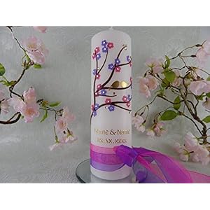 Hochzeitskerze Traukerze floral Blumen flieder pink Vögelchen 250/70 mm inkl. Beschriftung