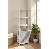 Digithome Bamboo White Matte Lacquered Dirty Basket 3 Shelves Bathroom Organizer Laundry Basket DB-0019