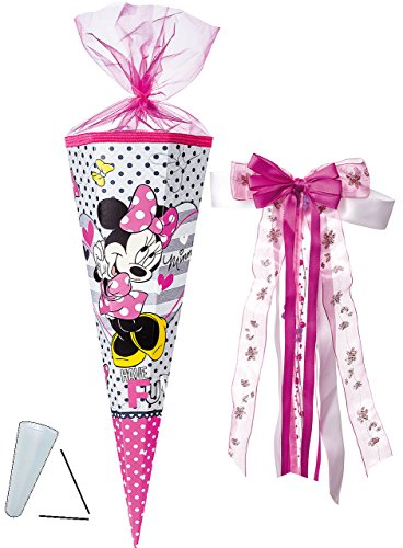 Preisvergleich Produktbild Unbekannt Schultüte - Disney Minnie Mouse - 50 cm - rund - incl. große Schleife - mit Tüllabschluß - Zuckertüte - mit / ohne Kunststoff Spitze - für Mädchen / Maus ..