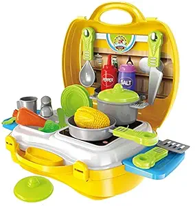 Etnic Forest Luxury Yellow Kitchen Set Cooking Toy with Briefcase and Accessories |Ultimate Kid Chef Bring Along Kitchen Suitcase Set | Plastic Kitchen Food Play Set for Girls & Boys