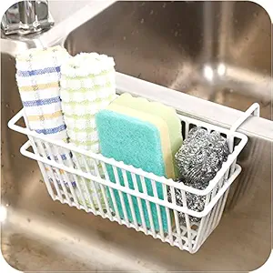 Zollyss Iron Sink Shelf Organizer Soap Sponge Drain Stand Rack Towel Shelves Holder Cupboard Draining Storage Basket (White, 20x12x10.2 cm)