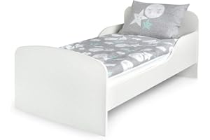 Leomark białe Łóżko z materacem, stelaż z drewnianych listew, stabilne łóżko z zagłówkiem, praktyczne i wygodne spanie dla dziecka, mebel do pokoju dziecięcego, powierzchnia spania 70/140cm.