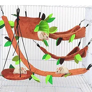 Cooyeah Hamster Hammock, 5Pcs Hamster Sleeping Nest Hanging Tunnel and Swing for Sugar Glider Squirrel Playing Sleeping,Sugar Glider Toys Hamster Swing,Jungle Set Plush Warm Beds for Animal