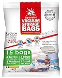 Sacs de rangement sous vide - Paquet de 15 (3 jumbo + 4 grands + 4 moyens + 4 petits) - Économiseurs d'espace utilisables avec pompe manuelle gratuite pour l'emballage de voyage. Meilleurs sacs de