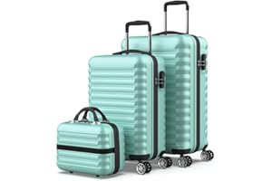 NUMADA - Set di valigie 3pzs (53/63cm) e borsa da toilette Verde Menta, ABS Resistente, Leggero con 4 ruote doppie e lucchetto combinazione laterale