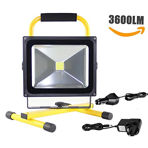 CDC?? 10 W Lampe de travail LED Portable Rechargeable, équivalent 100 W ampoule halogène, 1200 lm, adaptateur et chargeur de voiture inclus, Étanche, Projecteur d'Extérieur 30W jaune
