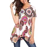 TUDUZ Sommer Damen Eegant Tops Kurzarm Swing Boho Retro Tunika Blumen Flare Tee Bluse Shirt(M,Weiß-A)