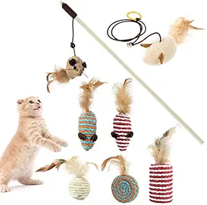 Jainsons Pet Products Cat Interactive Plush Toy Gift Set for Cat,Sisal Ball and Mouse Toy with Bell and Feather Cat Stick (Set of 7)
