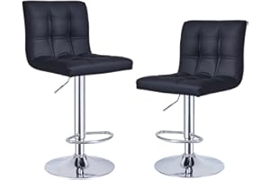 Panana Lot de 2 Tabourets de Bar, Chaises Haut, Hauteur Réglable, Revêtement en PU, Rotatif sur 360°, avec Dossier et Repose-Pieds, Pied Chromé (Noir)