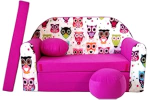 ‎ALL4ALL All4All Kindersofa Klappsofa - Schlafsofa 3in1 - Velo - Spielsofa für Kinder - Sofa zum Aufklappen - mit Pouf - faltbar - zum Schlafen – Schaumstoff Sofa (H17 Rosa + Eule)