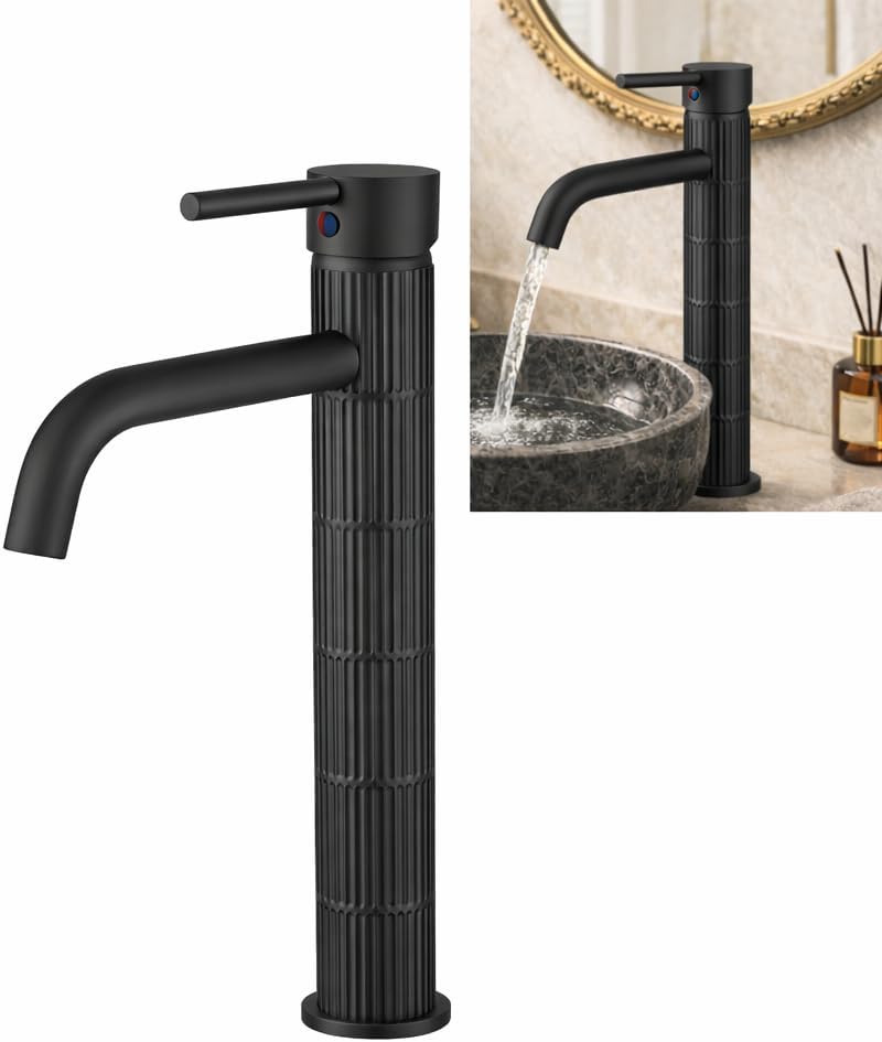 Grifo de lavabo alto monomando con cuerpo de latón, mezclador para lavabo sobre encimera, acabado negro mate, cartucho cerámico duradero (Negro mate, Alto)